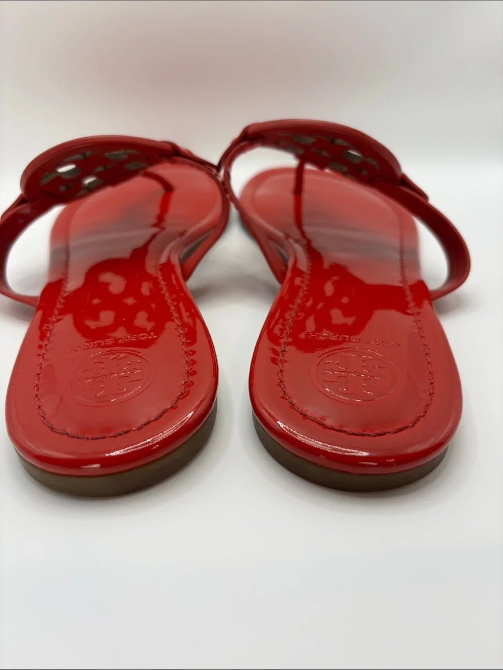 Tory Burch Miller Red Patent Sandals with Rainbow Logo Medallions